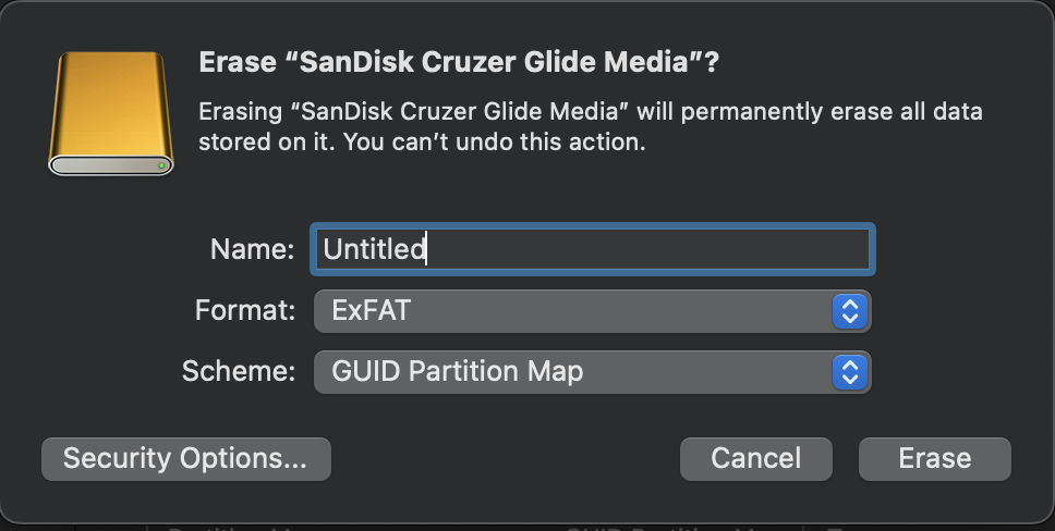 Erase menu with exFAT and GPT selected